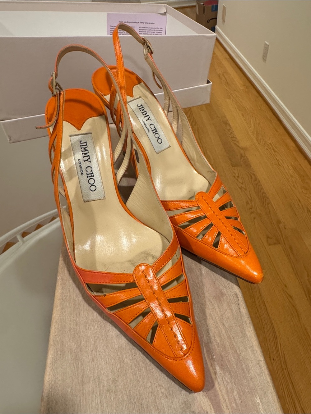 Jimmy Choo Orange Pointed Slingback Cutout Pumps